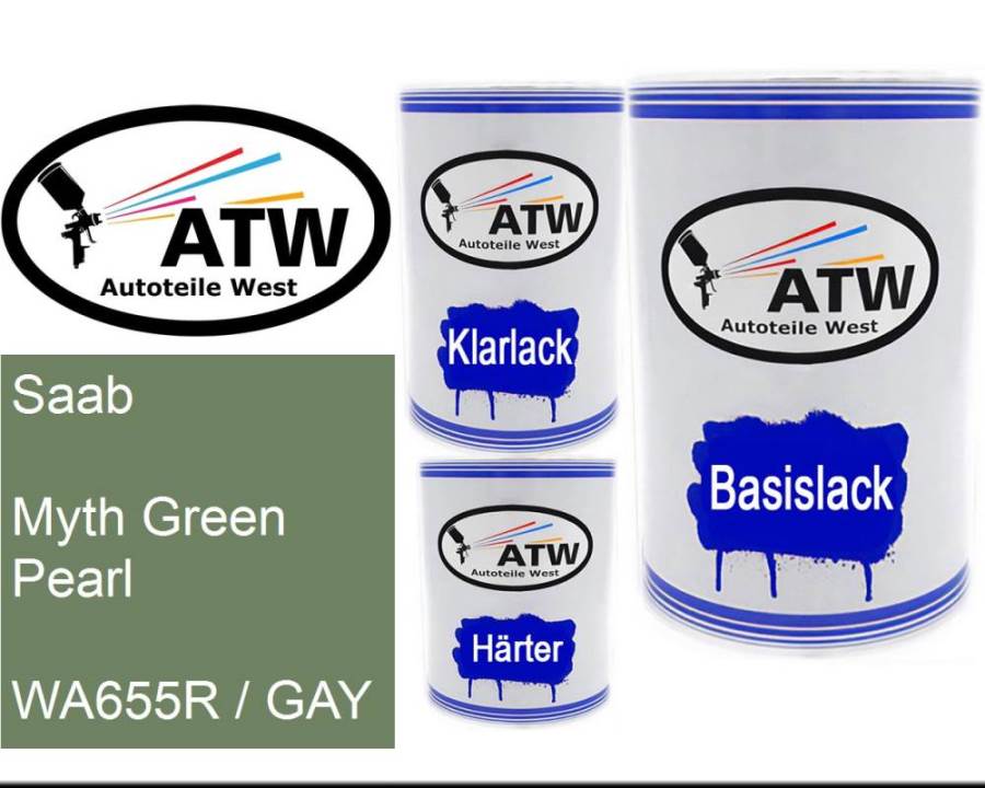 Saab, Myth Green Pearl, WA655R / GAY: 500ml Lackdose + 500ml Klarlack + 250ml Härter - Set, von ATW Autoteile West.